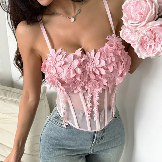 New women's slim fit vest, sexy women's transparent mesh fabric, three-dimensional floral decoration on the chest