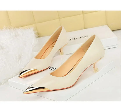 BIGTREE Retro Shallow Metal Pointed Toe High Heels Women Pumps  Stripper Elegant Party Thin Low Heels Black Heels Shoes
