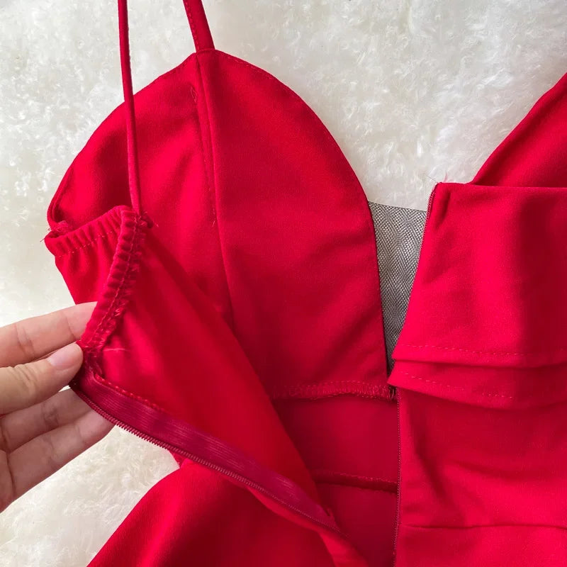 Ins Fashion Sexy Backless One Shoulder Strap Club Dress Chic High Waist A-line Mini Dress Women Red Party Dress