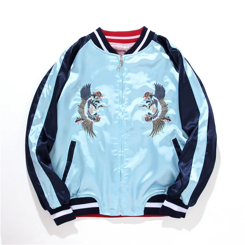 Double Sided Satin Baseball Jacket Women Sukajan Bomber Jacket Female Girls Embroidery Coat 2026 Spring Autumn Pink Z1
