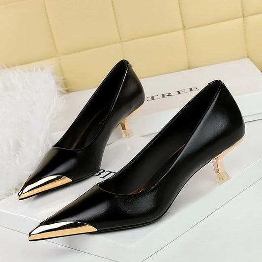 BIGTREE Retro Shallow Metal Pointed Toe High Heels Women Pumps  Stripper Elegant Party Thin Low Heels Black Heels Shoes