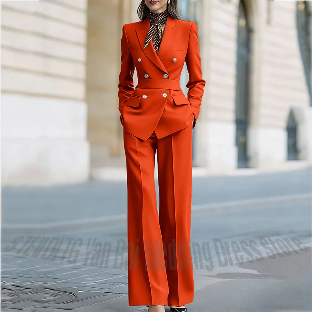 Customized Straight Women's Suits Two Pieces Classic Double Breasted Solid Color High Street Business Casual Office Suit Set