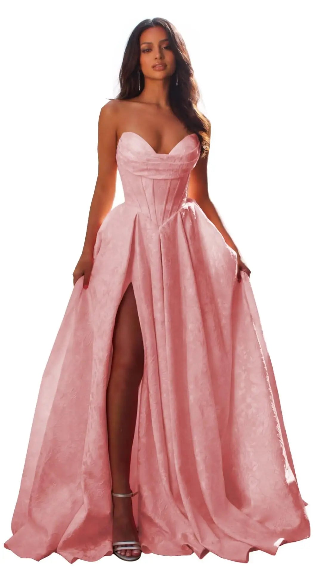 Women Elegant Jacquard Satin Prom Dresses with Slit Strapless Corset A Line Long Formal Gowns Evening Gowns Party Dresses