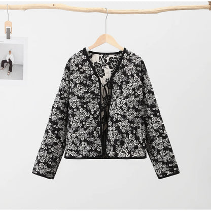 HH Floral Print Jacket For Women Autumn Quilted Reversible Cotton Coat Cardigan Long Sleeve Jackets Elegant Woman Streetwear