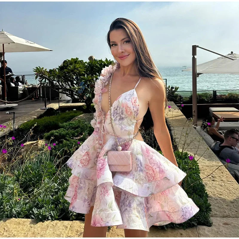 Floral Print Fuffy Short Dress Lace Up Slim Fit Strap Gown 3D Flower Bud Skirt Hemline Halter Backless Beach Suspender Dresses