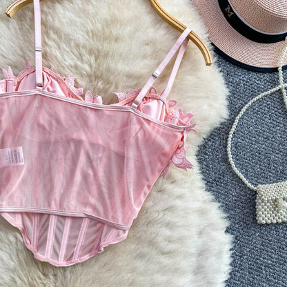 Slimming Floral Lace Crop Top Women's Summer Fashion Fishbone Design Strap Vest Breathable Short Style Sexy European Style
