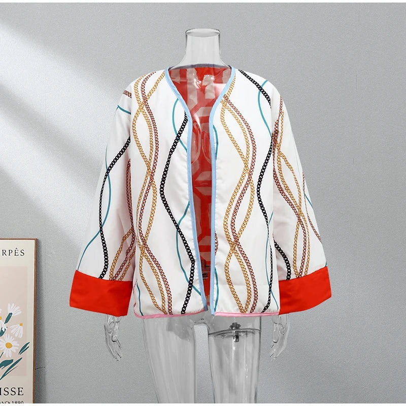 HH Floral Print Jacket For Women Autumn Quilted Reversible Cotton Coat Cardigan Long Sleeve Jackets Elegant Woman Streetwear