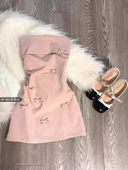 Korean Sle Pink 3D  Knot Tube Top Dr Summer Pure Desire Spicy Waist Cinching ort Skirt Women's INS Dr