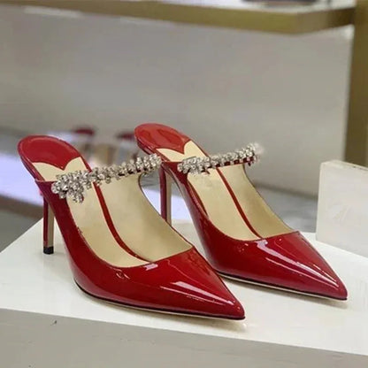 Women's Sandals 2026 New High Heels Fashion Water Diamond Chain Banquet Pointed Fine Heels Women's Muller Shoes