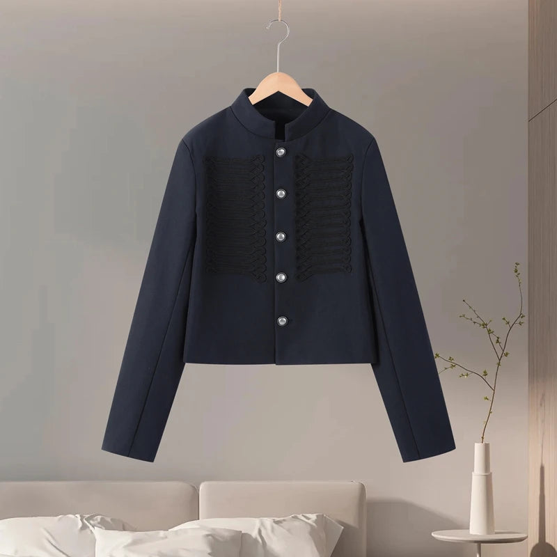 Vintage Napoleon Short Jacket for Women Stand Collar Full Sleeve Single-Breasted Slim Coat 2026 Spring Lady New Streetwear