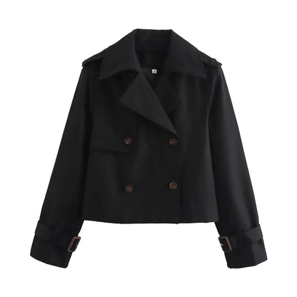 Ladies Vintage Cropped Trench Spring Autumn Jacket Women Streetwear Double Breasted Long Sleeve Top Female Chic Coat Outfits