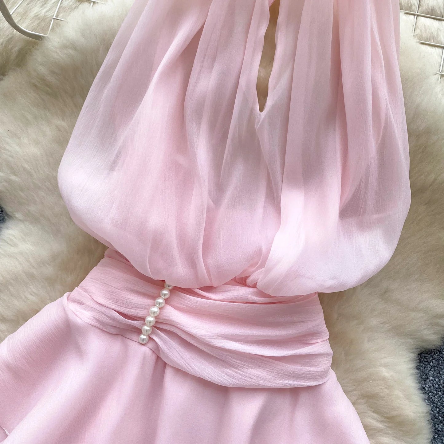 SINGREINY Strap Chiffon Mini Dress Female Pearl Halter Sleeveless Backless Sexy Design Fairycore Vacation Summer Ruffles Dress