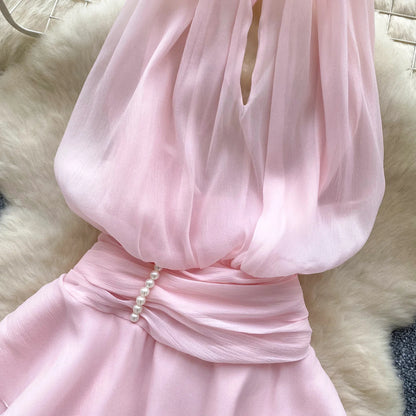 SINGREINY Strap Chiffon Mini Dress Female Pearl Halter Sleeveless Backless Sexy Design Fairycore Vacation Summer Ruffles Dress