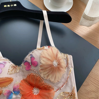 SINGREINY Embroidery Flower Camis Women Strapless Sleeveless Luxury Camisole Slim Hot Summer Sequined Butterfly Sexy Mini Tops