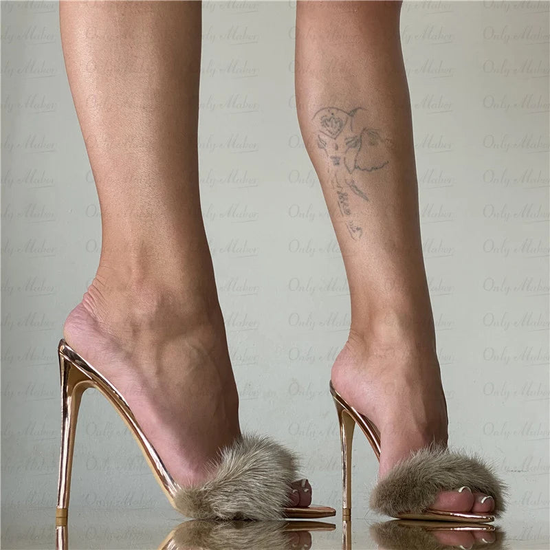 Onlymaker Women Peep Toe Mules Artificial Fur Slip On Gold White Thin High Sandals Big Size High Quality Summer Brand Heels