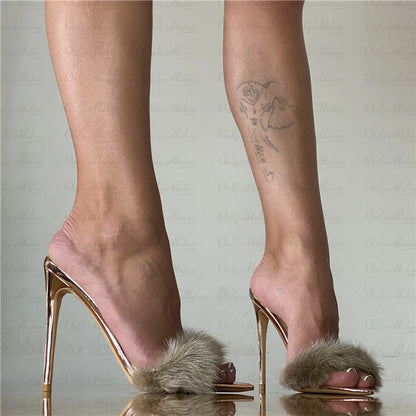 Onlymaker Women Peep Toe Mules Artificial Fur Slip On Gold White Thin High Sandals Big Size High Quality Summer Brand Heels