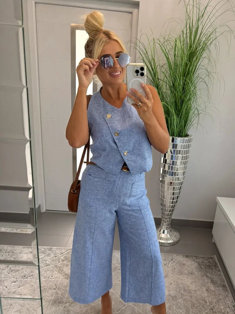 HH Women Elegant Flax 2-piece Suit Sleeveless Button Decoration Solid Vest+Summer Pocket Loose Belt Zipper Wide Leg Pants