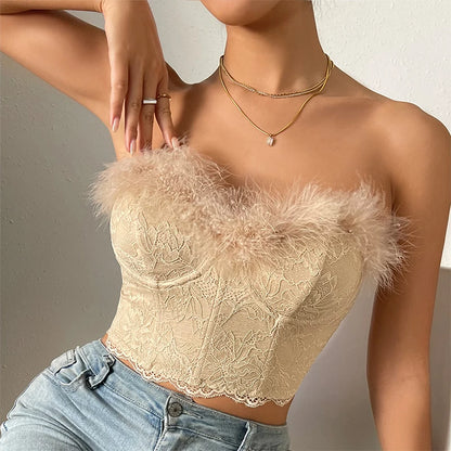 Sexy Lace Backless Tube Tops Women Luxury Feather Slim Skinny Corset Crop Tops Summer Elegant Female Strapless Bustier Tank Top