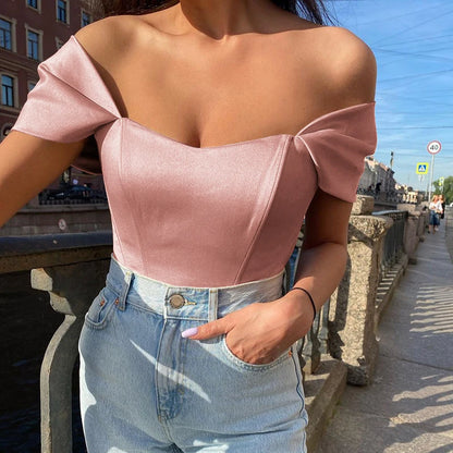 Sexy Corset Top Satin Bow Tie Bustier Summer Fashion T-Shirt Club Party Outfit Women's Short Top