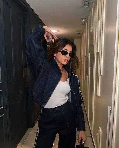 KONDALA Women High Street Denim Set Spring Fall Trendy Side Stripe Stand Collar Zipper Jacket Lace-up Pant 2026 Casual Pants Set