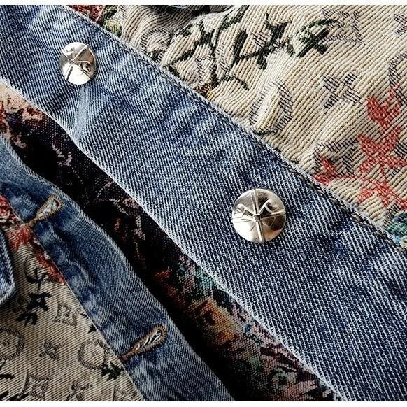 Chinese retro jacquard long-sleeved round neck denim jacket women's spring new fashion temperament short Joker little jacket.