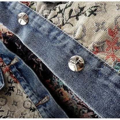 Chinese retro jacquard long-sleeved round neck denim jacket women's spring new fashion temperament short Joker little jacket.