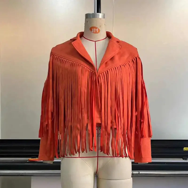 Women's Casual Fringe Cropped Jacket Western Boho Vintage Long Sleeve Zip Up Trendy Autumn Outerwear