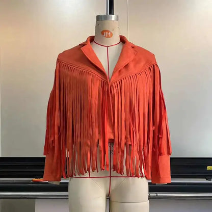 Women's Casual Fringe Cropped Jacket Western Boho Vintage Long Sleeve Zip Up Trendy Autumn Outerwear