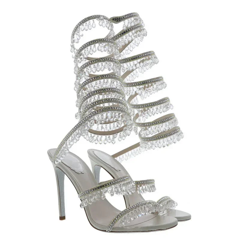 2024Women's New Water Diamond Sandals Fashion Tassel Crystal Shoes Sexy Banquet Party Twin Stiletto Women's Large Sandals