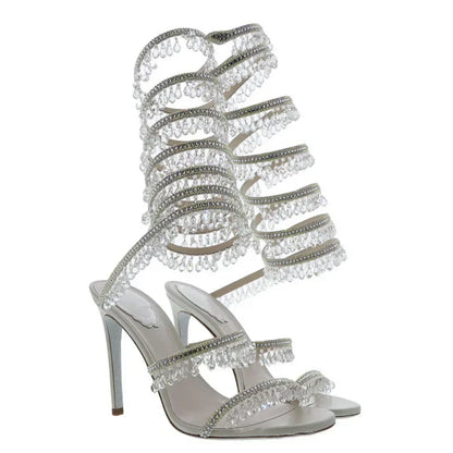 2024Women's New Water Diamond Sandals Fashion Tassel Crystal Shoes Sexy Banquet Party Twin Stiletto Women's Large Sandals