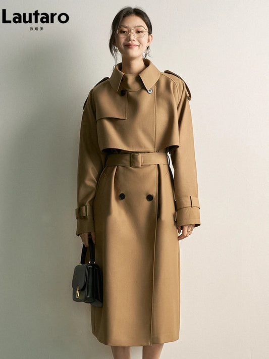 Lautaro Spring Autumn Khaki Long Trench Coat for Women Double Breasted Elegant Luxury Chic British Style Fashion Overcoat 2026
