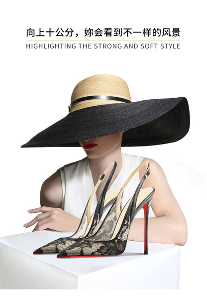 Black lace high-heeled sandals with pointed toes, thin heels, and shallow mouth, comfortable to wear with just one foot