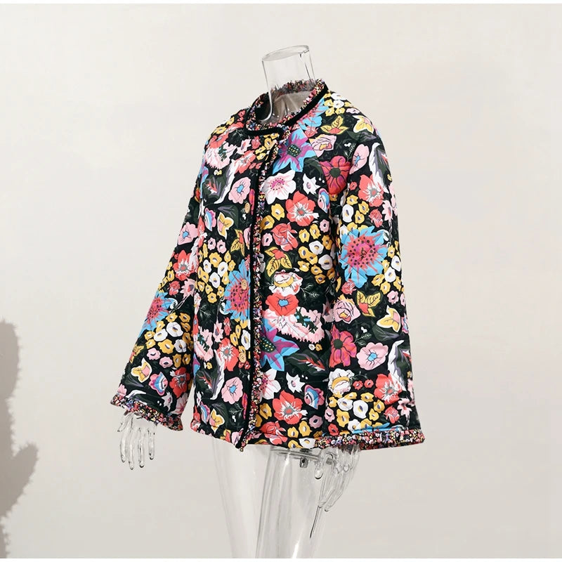HH Floral Print Jacket For Women Autumn Quilted Reversible Cotton Coat Cardigan Long Sleeve Jackets Elegant Woman Streetwear