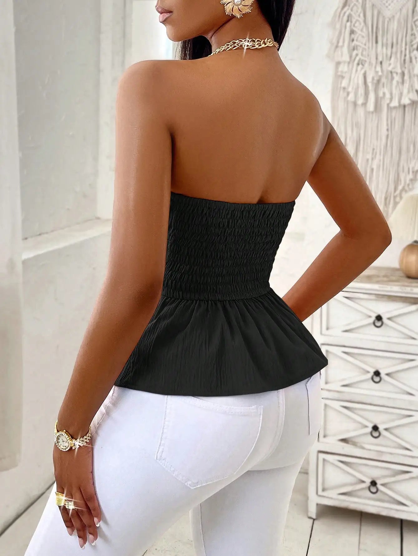 [Elegant] Peplum Strapless Top, Belted Wrap Waist Blouse for Vacation & Commute