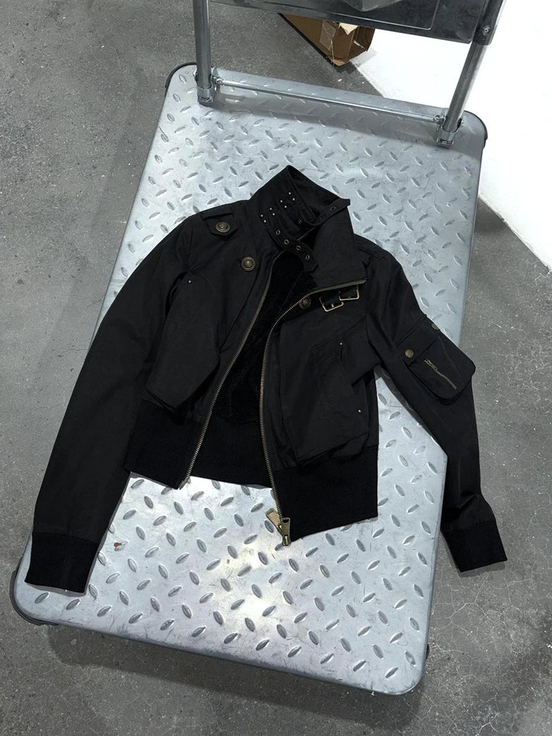 MEXZT Y2K Cropped Black Jacket Women Harajuku Vintage Stand Collar Coat Autumn Streetwear Grunge Long Sleeve Zipper Outerwears