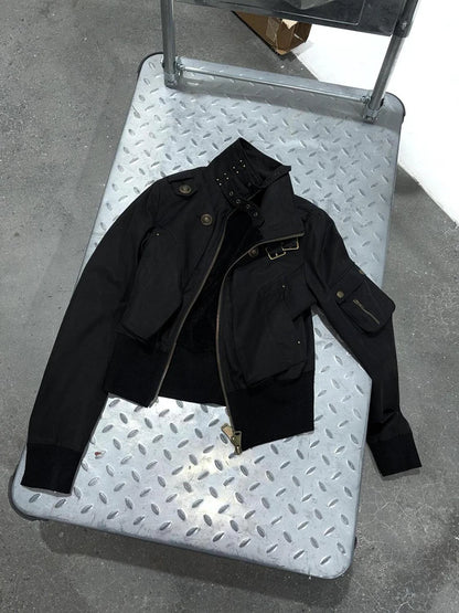 MEXZT Y2K Cropped Black Jacket Women Harajuku Vintage Stand Collar Coat Autumn Streetwear Grunge Long Sleeve Zipper Outerwears