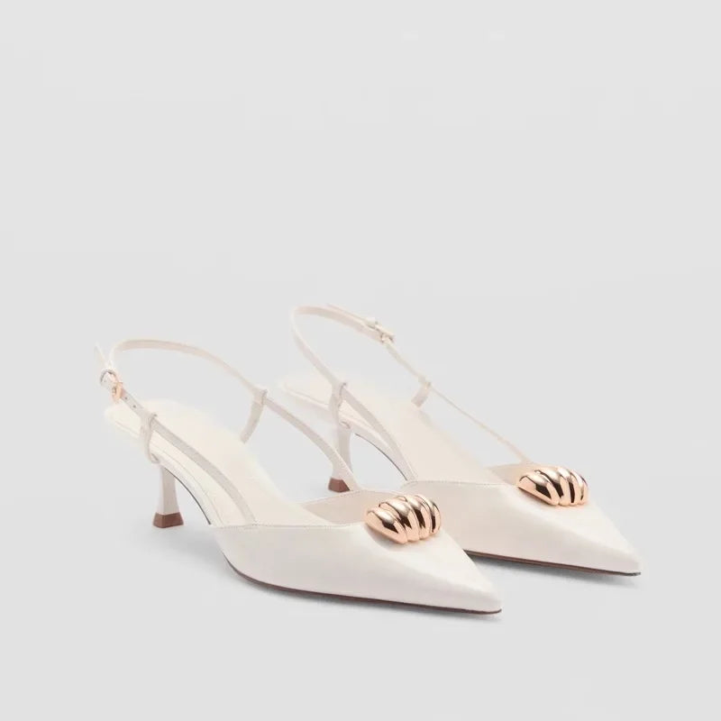 Fashion Metal Decoration Designer Pumps Women Sexy Pointed Toe Backless Banquet high Heels Luxury Wedding Bridal Shoes Sandals
