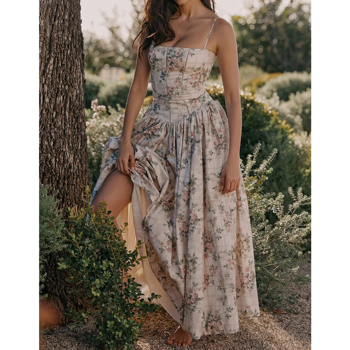 Oligai Floral Print Midi Sundress Elegant Spaghetti Strap Flowy Dress Aussie Summer Women Boho Chic Beach Dress
