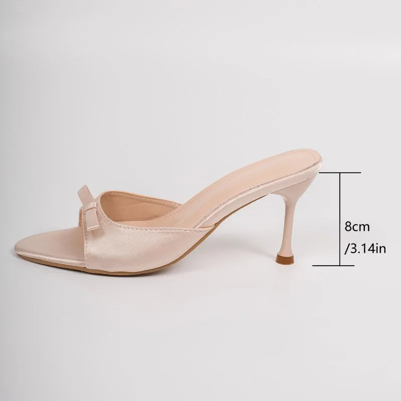 Designer Thin High Heel Summer Women Slippers Fashion Satin Butterfly-knot Dress Slides Ladies Sexy Stripper Party Sandals