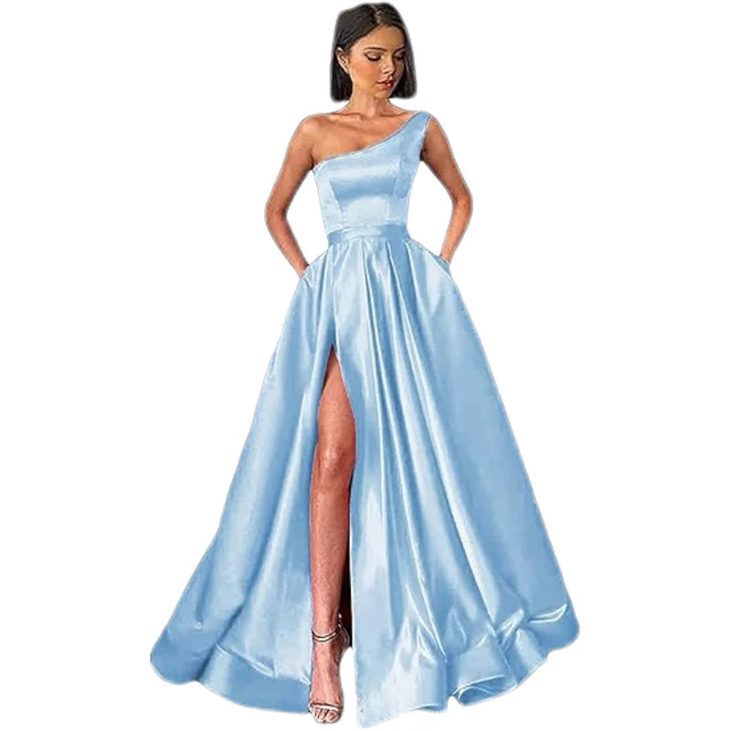 Customized Women's One Shoulder Prom Dresses Long Ball Gown High Slit Satin Corset Formal Dress Evening Gowns with Pockets