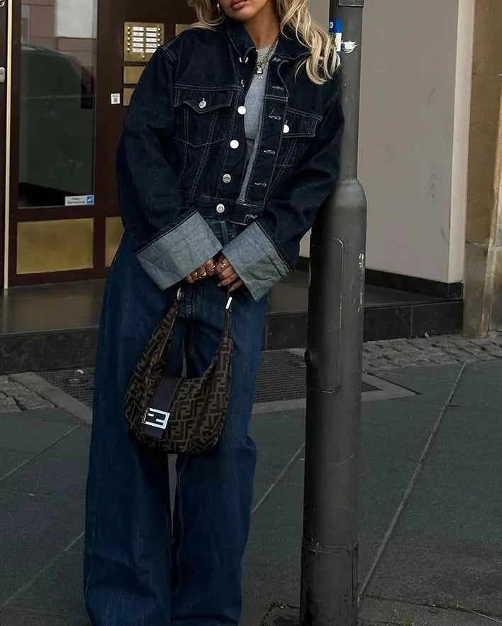 Women's Fashion Suit Retro Splicing Single-breasted Pocket Denim Jacket+High-waisted Women's Zippered Wide-leg Pants 2-piece Set