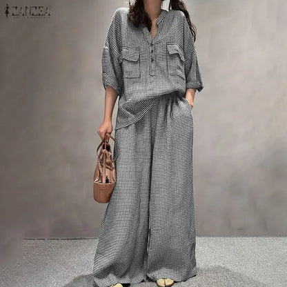 Women Pants Sets ZANZEA Fashion Summer 2 Piece Sets Plaid Outfits Casual Half Sleeve Blouse Wide Leg Trousers Street Tracksuit