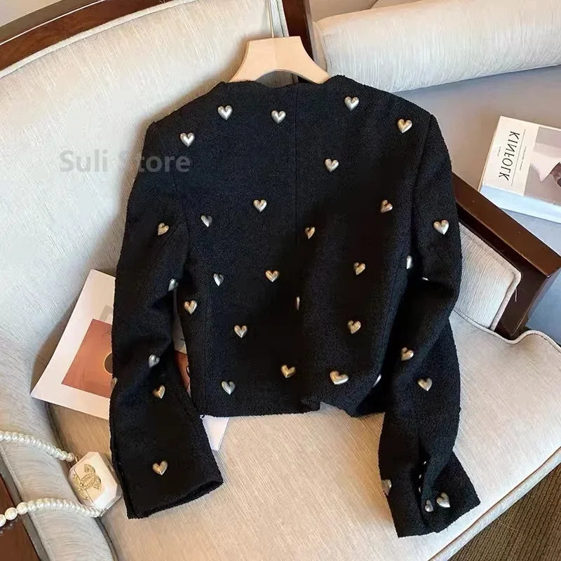 Autumn Winter Fashion Heart Buckle Black Wool Tweed Short Jacket Coat Women Vintage Long Sleeve V Neck Wave Cardigan Outwear Top