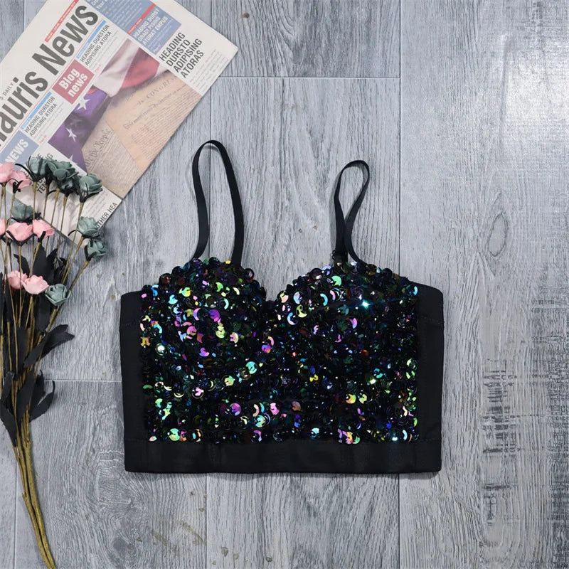 Faionable Street Sle Sequin Slim Tank Top Women's Casual Bright Spangles Strap Vest Ladies' Polyester Streetwear