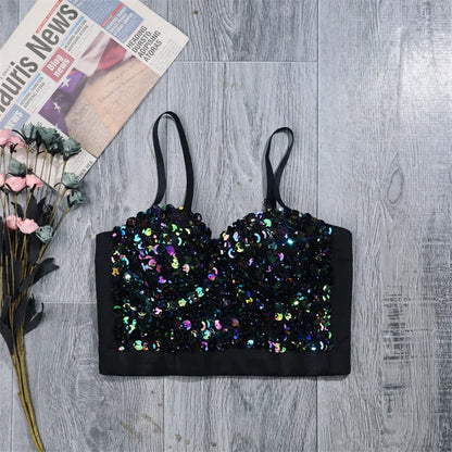 Faionable Street Sle Sequin Slim Tank Top Women's Casual Bright Spangles Strap Vest Ladies' Polyester Streetwear