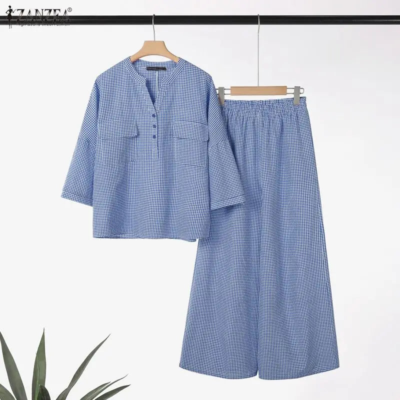 Women Pants Sets ZANZEA Fashion Summer 2 Piece Sets Plaid Outfits Casual Half Sleeve Blouse Wide Leg Trousers Street Tracksuit