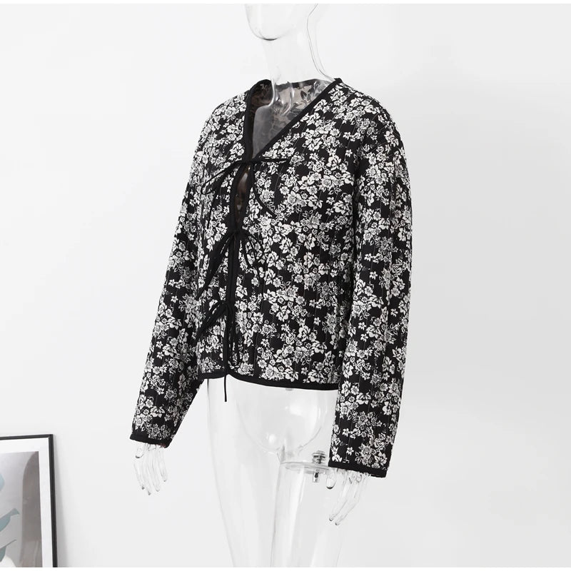 HH Floral Print Jacket For Women Autumn Quilted Reversible Cotton Coat Cardigan Long Sleeve Jackets Elegant Woman Streetwear