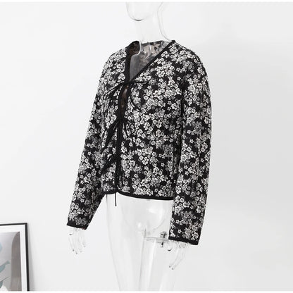 HH Floral Print Jacket For Women Autumn Quilted Reversible Cotton Coat Cardigan Long Sleeve Jackets Elegant Woman Streetwear