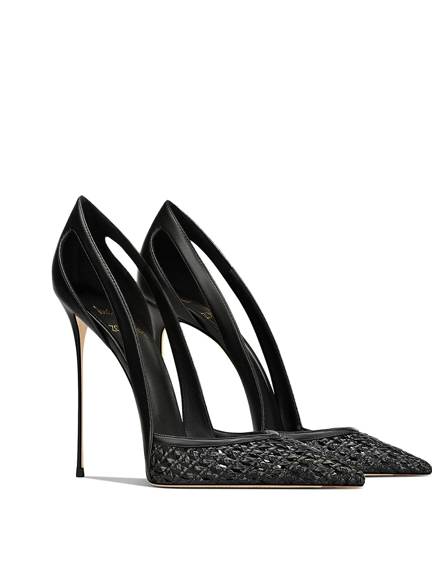 Summer New Women's Black Leather Woven Fashionable and Sexy Pointed Thin Heel High-heeled Shoes