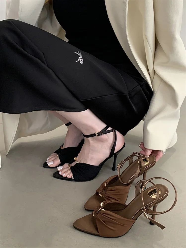 Eilyken Summer Fashion Thin Heels Pleated Hollow Out Buckle Strap Women Sandals Pointed Toe Banquet Party Female Shoes  6CM 9CM